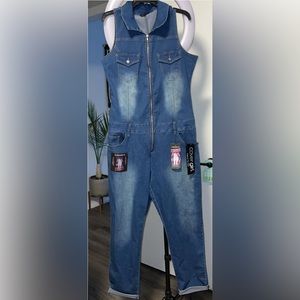 COVER GIRL WOMEN’S DENIM BIKER LONG JUMPSUIT OVERALLS SEXY ZIP UP SLEEVELEES